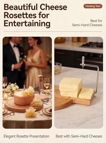 2-in-1 Cheese Curler and Slicer with Wooden Base, Stainless Steel Cheese Rosette Maker for Semi-Hard Cheese, Creates Elegant Rosettes and Uniform Slices
