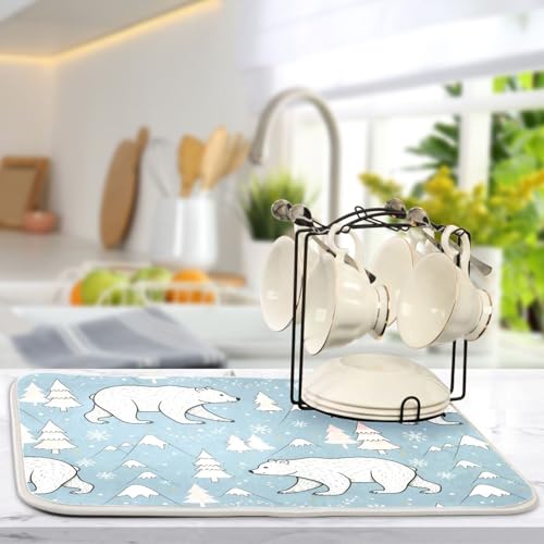 Winter Polar Bear Tree Dish Drying Mat for Kitchen Counter Super Absorbent Draining Mat with Non-slip Backed Drainer Mat for Sinks Countertops Draining Racks Dish Bottles Cups Bowl