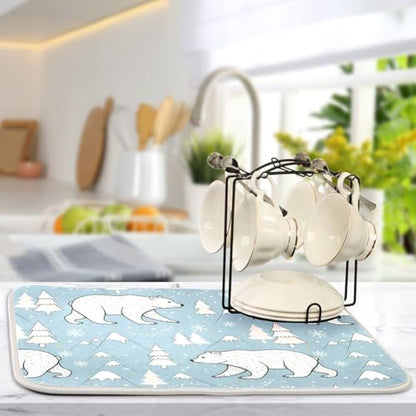 Winter Polar Bear Tree Dish Drying Mat for Kitchen Counter Super Absorbent Draining Mat with Non-slip Backed Drainer Mat for Sinks Countertops Draining Racks Dish Bottles Cups Bowl