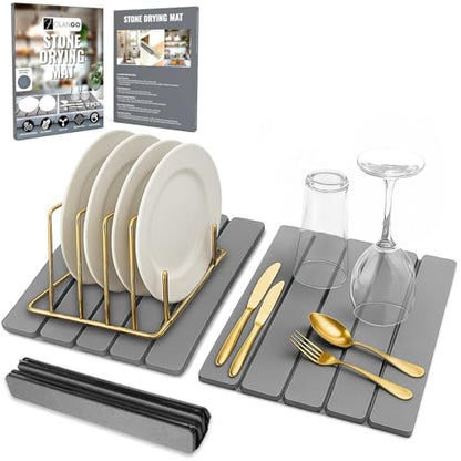 Large Foldable Stone Dish Drying Mat – Diatomaceous Earth, 2 Pack (12"x16" Each) or 24"x16" Combined – Fast Dry, Anti-Slip Pad, Sanding Tool & Instruction Manual for Kitchen and Bathroom, Dark Gray