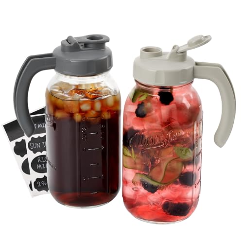 Soligt Glass Mason Jar Pitcher with Lid, Wide Mouth Flip Cap Pour Spout Leak-proof Lid with Handle, 64 oz/2 Quart, for Iced Coffee/Sun Tea Juice/Cold Brew/Milk (2 Pack, Dark Gray + Light Gray) - color: Dark Gray and Light Gray