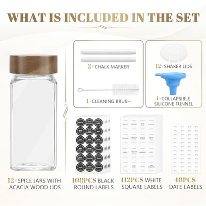 ZEHIQ 12Pcs 4oz Square Glass Spice Jars with Labels and Acacia Wood Lids | Food-Grade Seasoning Containers, Moisture-Proof, Shaker Lids, 268 Labels, Markers, Funnel, Brush, for Cabinet Drawer