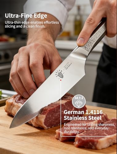 All Steel Chef Knife with Mirror Finish Blade, 8 inch German 1.4116 Steel Kitchen Knife, Anti-Slip Handle, Lightweight Cutting & Cooking Knife for Meat, BBQ & Daily Kitchen Use - style: All Steel Chef Knife