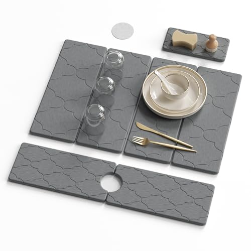 3 PCS Large Stone Dish Drying Mat for Kitchen Counter -24"x16" Absorbent Diatomaceous Earth Mat with Stone Faucet Mat & Soap Tray - Quick Dry, Collapsible, Non-Slip Countertop Organizer - color: Lantern carved patterns