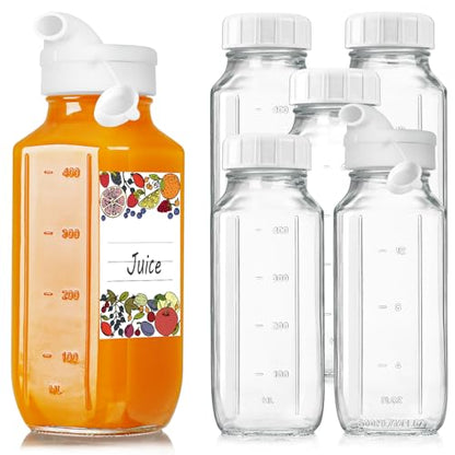 6 Pack 16 Oz Glass Juice Bottles with 2 Pour Spouts, 100% Airtight Heavy Duty SCREW Lid- Reusable Glass Milk Bottles w Scale Mark, Square Drinking Jar Juice Container Breast Milk Pitcher(Extra 2 Lid) - style: 6 Pack
