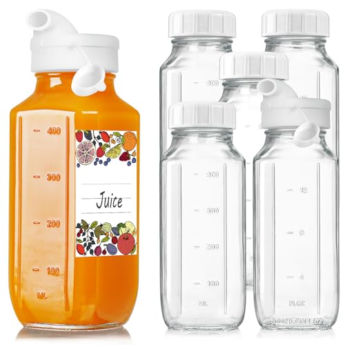 6 Pack 16 Oz Glass Juice Bottles with 2 Pour Spouts, 100% Airtight Heavy Duty SCREW Lid- Reusable Glass Milk Bottles w Scale Mark, Square Drinking Jar Juice Container Breast Milk Pitcher(Extra 2 Lid) - style: 6 Pack