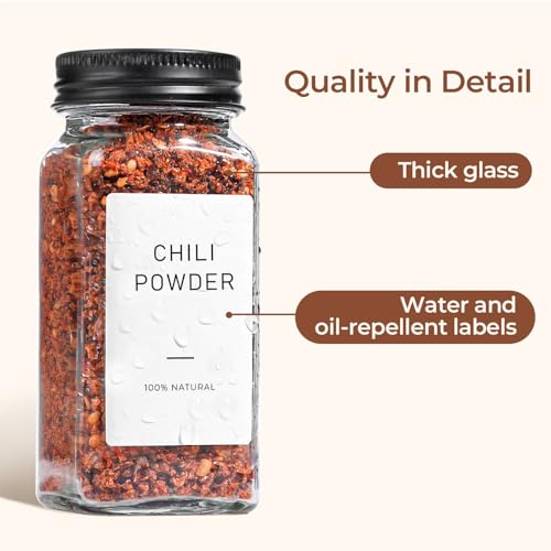ComSaf Glass Spice Jars with with Labels 4 oz 24 Pack Small Square Bulk Set | Empty Containers, Seasoning Herb Powder, Salt Pepper Chili, Spice Rack Organization, Kitchen Cabinet Storage, Funnel Included - color: Metal Black Lids