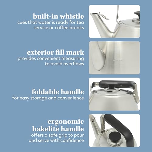 Sur La Table Kitchen Essentials 1.9-Quart Heavy Gauge Brushed Stainless Steel Whistling Tea Kettle – Durable Stovetop Kettle - color: Brushed Stainless, size: 1.9 Quarts