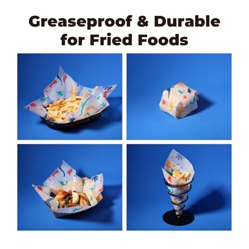 Fit Meal Prep Deli Paper Sheets, Dinosaur Dry Waxed Paper for Kids, Waterproof Sandwich, Grease-Proof Wax Paper for Food Basket, Picnic, Barbecue, Restaurants, Burgers, Fries [250 Sheets] 12x12" - color: Colorful-Dinosaur