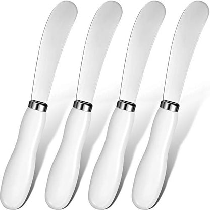 Patelai 4 Pcs Butter Spreader Knives, Stainless Steel Butter Knife with White Porcelain Handles Multipurpose Cheese Spreader for Kitchen Use for Soft Cheese, Jam, Charcuterie, Pastry, 5.74 Inch