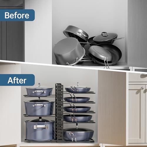 ORDORA Pots and Pans Organizer Under Cabinet 14.55" Height, Adjustable 8-Tier Pot Organizers inside Cabinet, Kitchen Organizers and Storage Fit 6-11 inch Lightweight Cookware - style: M-14.55"H-LightDuty