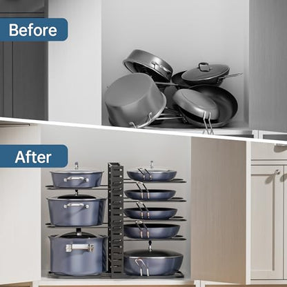 ORDORA Pots and Pans Organizer Under Cabinet 14.55" Height, Adjustable 8-Tier Pot Organizers inside Cabinet, Kitchen Organizers and Storage Fit 6-11 inch Lightweight Cookware - style: M-14.55"H-LightDuty