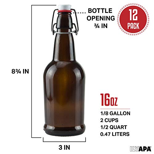 Ilyapa 16 Ounce Amber Swing Top Glass Bottles - 12 Pack Flip Top with Airtight Lid, for Home Brewing - Kombucha, Soda, Coquito, Kefir, Juice - color: Amber, size: 16oz