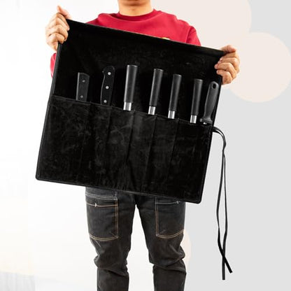 Genuine Leather Knife Roll, Knife Bags for Chefs Professional, Small Chef'S Knife Case Holder, Knives Holders Protectors with 7 Slots - color: 7 Slots Black