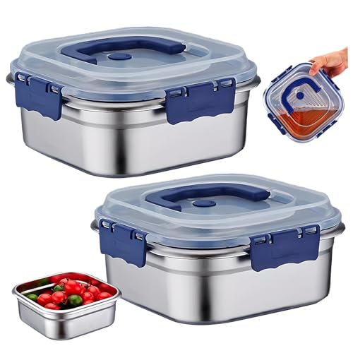 Stainless Steel Food Storage Containers, 2PCS Stainless Steel Containers with Lids, 1.8L Airtight Marinade Container with Handle & Buckle Oven Safe for Roasting, Brining, Meal Prep, Storing
