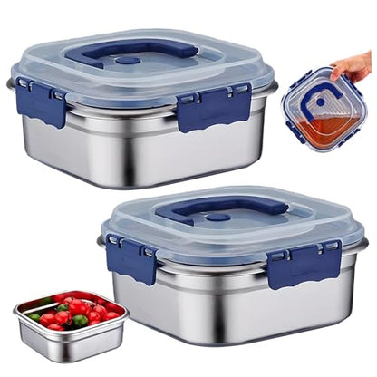 Stainless Steel Food Storage Containers, 2PCS Stainless Steel Containers with Lids, 1.8L Airtight Marinade Container with Handle & Buckle Oven Safe for Roasting, Brining, Meal Prep, Storing