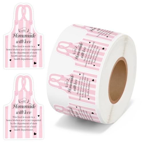 PANTIDE 500 Count Cottage Food Law Labels Sticker Pink Apron Shaped | Homemade with Love, Waterproof Adhesive Decal Roll, Made in A Home Kitchen Inspection Statement, Food Packaging, 2 x 1.2 Inch - color: Food Law Pink Apron