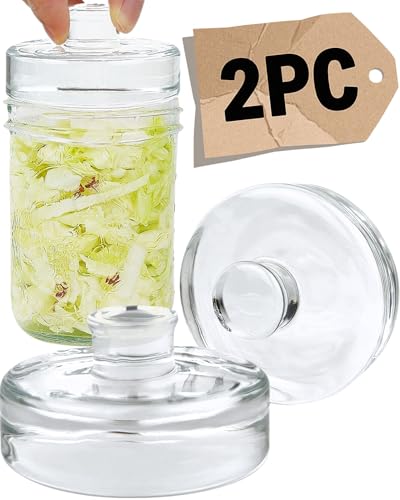 Glass Fermentation Weights - 2 Pack, 7.1oz/202g Heavy Clear Glass with Easy Grip - Smooth & Non-Porous Pickle Weights for Wide Mouth Mason Jars