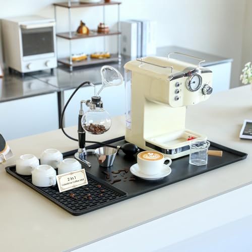 Caketime 2 In 1 Extra Large 16"x28" Silicone Coffee Bar Mat Accessories Heat Resistant for espresso Machine with Detachable Dish Drying Rug Rack Stone Kitchen Office Home Cafetera Essentials Black - color: Black, size: 28" x 16"