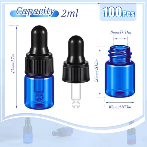 Didaey 100 Pcs 1/2/3/5/10/15 ml Mini Glass Oil Dropper Bottle Bulk, Clear Essential Small Empty Bottles Sample Containers Perfume Liquid Vials with Cap for Traveling (2 ml,Blue) - color: Blue, size: 2 ml