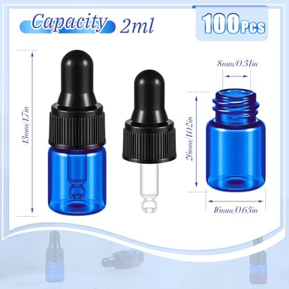 Didaey 100 Pcs 1/2/3/5/10/15 ml Mini Glass Oil Dropper Bottle Bulk, Clear Essential Small Empty Bottles Sample Containers Perfume Liquid Vials with Cap for Traveling (2 ml,Blue) - color: Blue, size: 2 ml