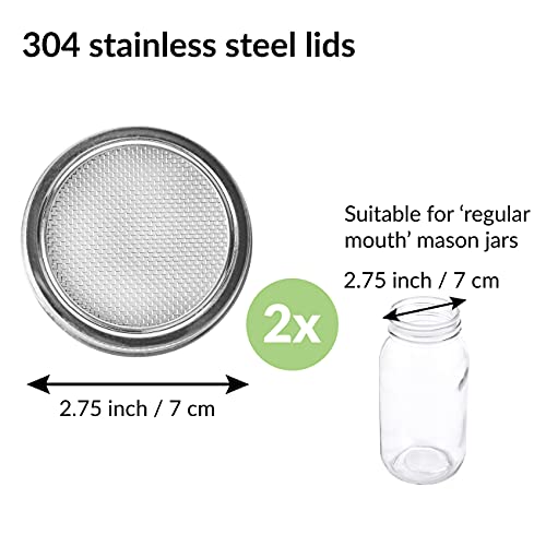 2 Pack Seed Sprouting Jar Lids | For 2.75" Regular Mouth Mason Jars | Fresh Sprouts at Home | Strainer Screen for Canning Jars | 304 Stainless Steel Lid for Growing Broccoli, Alfalfa, Beans & More - size: 2-Pack Regular Mouth