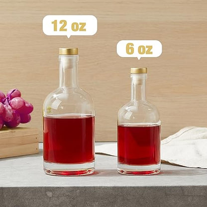 Mfacoy Set of 6 Glass Bottles, 12 oz Clear Liquor Bottles, Heavy Base Glass Bottle with T-Top Cap, Vodka Bottle for Wine Beverages Drinks Oil Vinegar Kombucha Beer with Cork Stopper Airtight Lid - size: 12OZ
