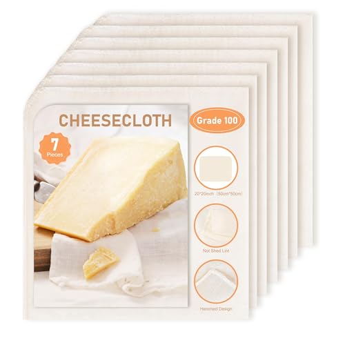 7 Pcs Reusable Cheese Cloths for Straining, 20x20 Inch Hemmed Cheese Cloth Bag for Straining, 100% Unbleached Cotton Cheesecloth for Cooking, Baking, Juicing, Cheese Making, Grade 100, Precut