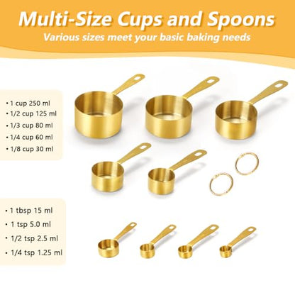 Gold Measuring Cups and Spoons, Set of 9, Including 4 Measuring Spoons, 5 Measuring Cups, Stainless Steel Kitchen Gadgets for Liquid & Dry Ingredients - size: Set of 9