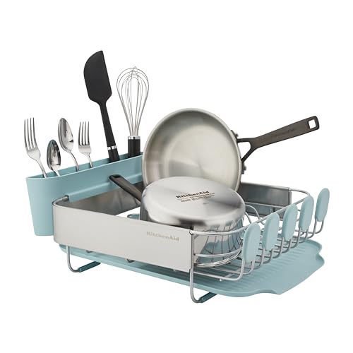 KitchenAid Compact Space Saving Rust Resistant Dish Rack with Removable Flatware Caddy and Angled Self Draining Drainboard, 12.63 x 15.87 x 5.54 Inch, Mineral Water - color: Mineral Water, size: Compact