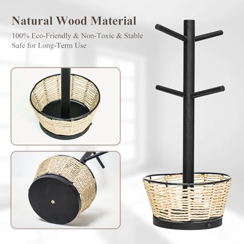 Wood Mug Holder Tree With Woven Basket, 4 Hooks Coffee Mug Holder, Countertop Mug Tree For Kitchen Counter Cabinet Coffee Bar Accessories Cup Display Organizer Hanger(Black) - color: Black