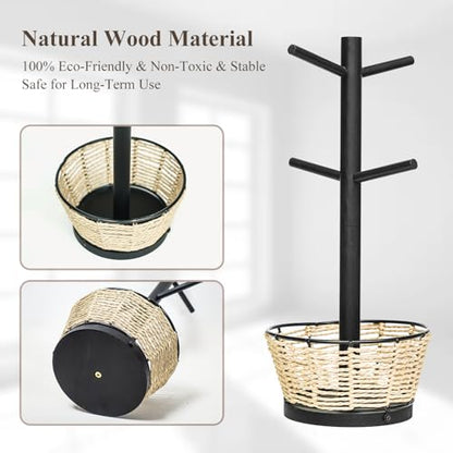 Wood Mug Holder Tree With Woven Basket, 4 Hooks Coffee Mug Holder, Countertop Mug Tree For Kitchen Counter Cabinet Coffee Bar Accessories Cup Display Organizer Hanger(Black) - color: Black