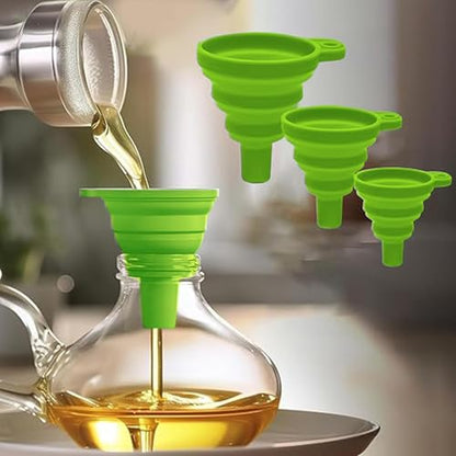 3 Pack Collapsible Silicone Funnels Kitchen Use Foldable Food Grade Liquid Transfer Tools Oil Water Spice Jar Bottle Filling, 12 g, 15 g, 38 g - color: Green, size: 3Pack