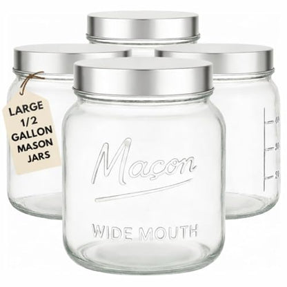 Kitchentoolz Half Gallon Glass Mason Jars with Extra Wide Mouth & Metal Lids - Airtight Food Storage & Canning Jars with Measurement Markings - 1/2 Gallon Mason Jar (4pk) - size: Pack of 4