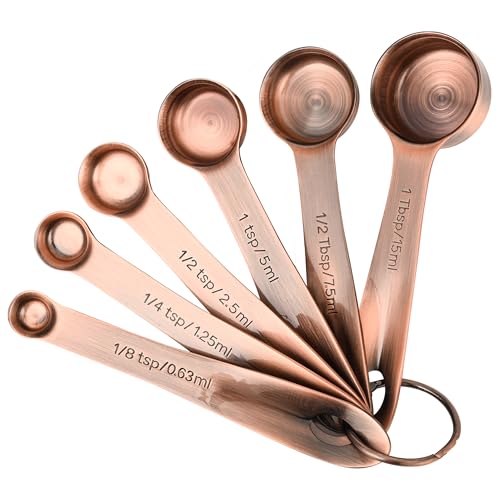 Copper Measuring Spoons Set with Flat Bottom for Kitchen & Baking, Stainless Steel Measuring Spoons Set for Dry & Liquid, Metal Measuring Tools Set with Engraved US & Metri Markings - color: Copper, size: C: 6spoons