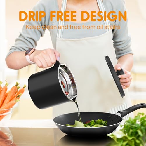 Chihee Grease Container Stainless Steel 2L / 67.6 fl oz Fine Mesh Strainer | Easy to Clean Large Spout Bacon Grease Saver Cooking Oil Keeper Stoarge Can with Dust-proof Lid Non-slip Tray Kitchen Frying - color: Black(2L)