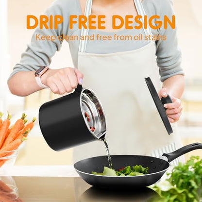 Chihee Grease Container Stainless Steel 2L / 67.6 fl oz Fine Mesh Strainer | Easy to Clean Large Spout Bacon Grease Saver Cooking Oil Keeper Stoarge Can with Dust-proof Lid Non-slip Tray Kitchen Frying - color: Black(2L)