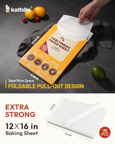 Katbite 75Pcs White Parchment Paper Sheets 12x16IN, Pre-Cut Heavy Duty Parchment Baking Paper, Non-Stick Half Sheet White Baking Parchment Paper for Air Fryer, Baking Cookie Pans [Extra Strong Series] - size: 12"x16"-75