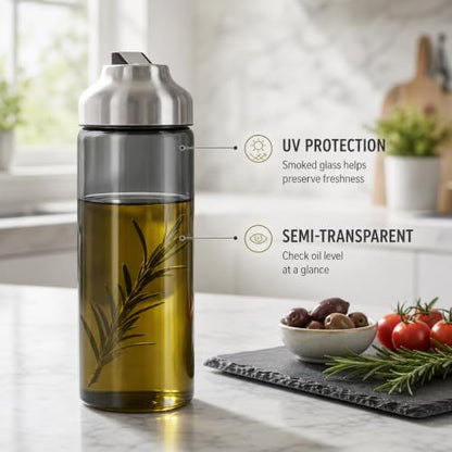 Aelga Olive Oil Dispenser Bottle for Kitchen, 14oz Dark Glass Vinegar Dispenser, Auto Flip Lid, UV-Protected Oil Cruet with Drip-Free Pour Spout - color: Grey, style: 14OZ Set of 1