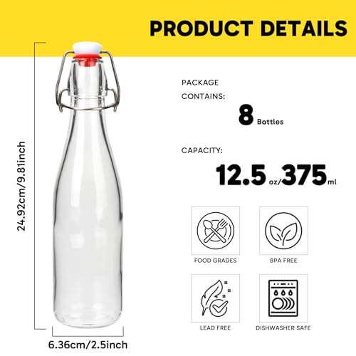 8 Pack 12oz Glass Swing Top Bottles with Airtight Lids | Grolsch Style Flip Top Caps & Rubber Seals for Home Brewing Beer, Kombucha, Kefir, Iced Tea, Juice, Oil & Vinegar Storage