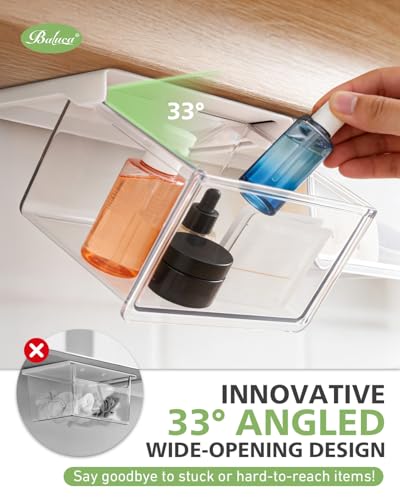 BALUCA Small Clear Stackable Storage Drawers – 33° Angled Acrylic Makeup Organizer for Vanity, Undersink & Kitchen Cabinets | Multi-Purpose Plastic Storage Bins & Drawer Organizer Bins (Small) - size: Small