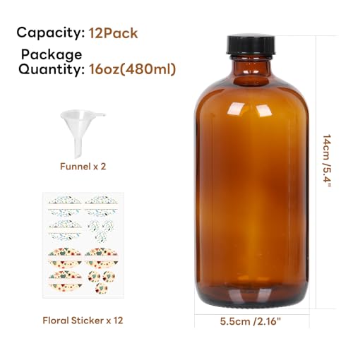 STARSIDE 12-Pack 16oz Amber Glass Bottles with Leakproof Lids | 480ml Round Boston Bottles UV-Blocking for Essential Oils, Hot Sauce, Juice, Liquids, Includes 2 Funnels, 12 Labels - size: L