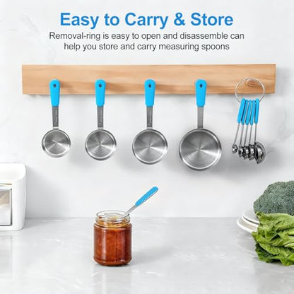 Bopei Measuring Cups and Spoons Set Stainless Steel 10 Piece for Cooking and Baking (5 Cups + 5 Spoons, Light Blue Handle) - color: Light Blue
