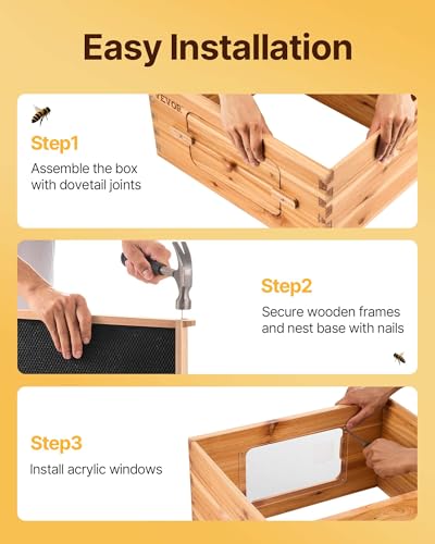 VEVOR 10 Frame Medium Super Bee Hive Box, Bee Box Dipped in 100% Beeswax, Langstroth Beehive Kit with 10 Frames and Foundations and Transparent Acrylic Windows for Beekeeping Supplement - size: Medium Super Box