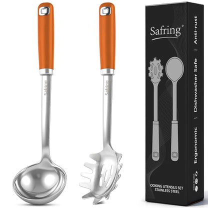 Safring Stainless Steel Soup Ladle and Spaghetti Spoon Set, Heat Resistant Rubber Handle, Dishwasher Safe, Kitchen Utensils for Cooking, Stirring, Serving Pasta, Soup & Sauce (Orange) - color: Orange