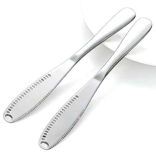 2PCS Upgraded 3-in-1 Butter Knife Spreader and Curler,Professional Stainless Steel Butter Grater for Cold Butter, 8.07 Inch Butter Slicer with Holes for Bread Cheese Jam, Silver