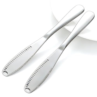 2PCS Upgraded 3-in-1 Butter Knife Spreader and Curler,Professional Stainless Steel Butter Grater for Cold Butter, 8.07 Inch Butter Slicer with Holes for Bread Cheese Jam, Silver
