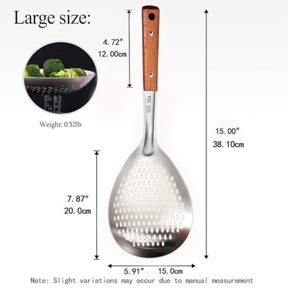 Stainless Steel Mesh Spider Strainer Wooden Handle On Pasta Noodle | 304 stainless steel fine mesh spoon,metal strainer,large draining design,multipurpose kitchen tool for fruit food straining - size: Large size