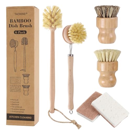 6 Pack Bamboo Dish Brush & Sponge Set, Wooden Handle Kitchen Scrub Brushes with Natural Sisal & Palm Fiber Heads, Multi-Purpose Dishwashing Cleaner for Dishes, Pots, Bottles, Vegetables