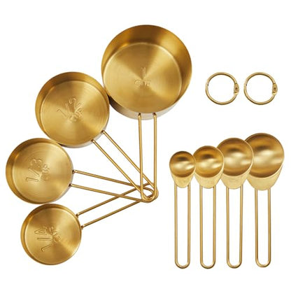 Golden 304 Stainless Steel Measuring Cups and Spoons Set,8PCS Stackable & Long Handle Fits Narrow Jars, Premium Gold Kitchen Accessories for Liquid & Dry Ingredients Baking Cooking, Durable&Rust-Proof